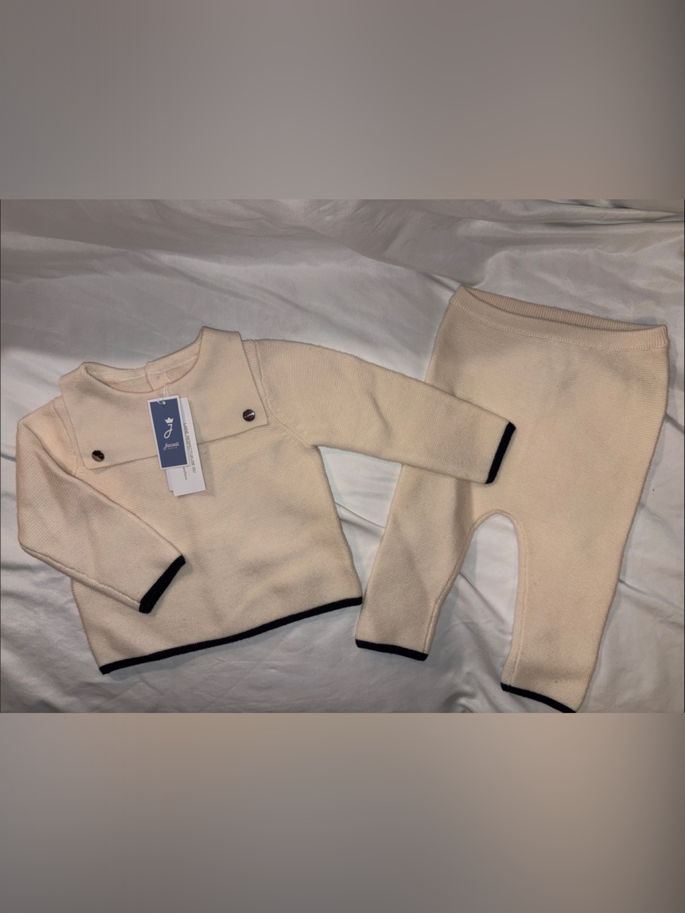 Jacadi Cream Knit Joggers Set with Navy Trim